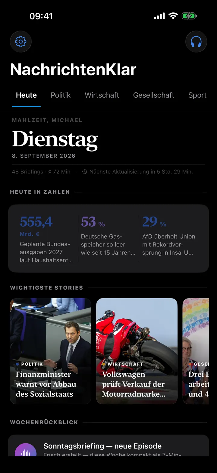 Heute-Tab mit „Heute in Zahlen“ und den wichtigsten Stories.