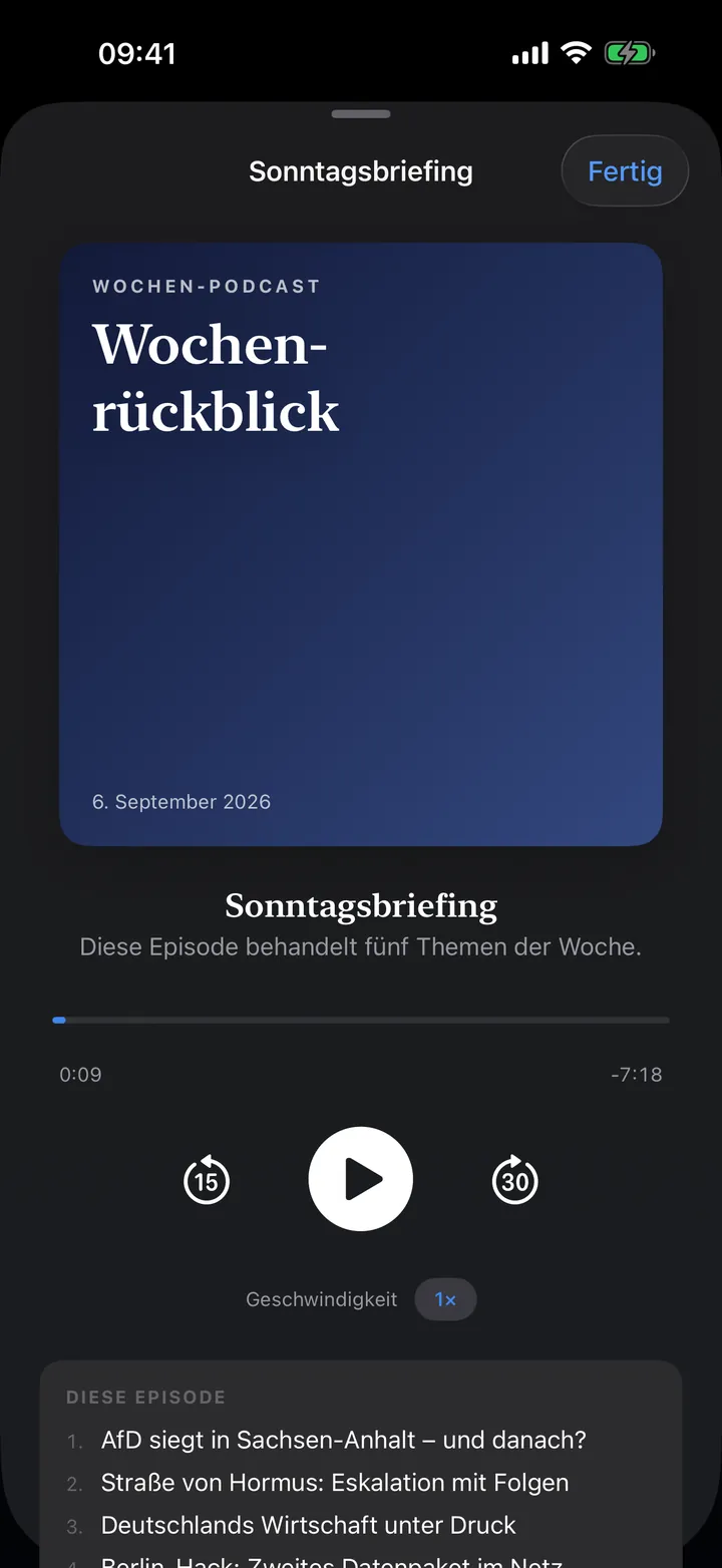 Sonntagsbriefing-Player mit Wochenrückblick und Themenliste.