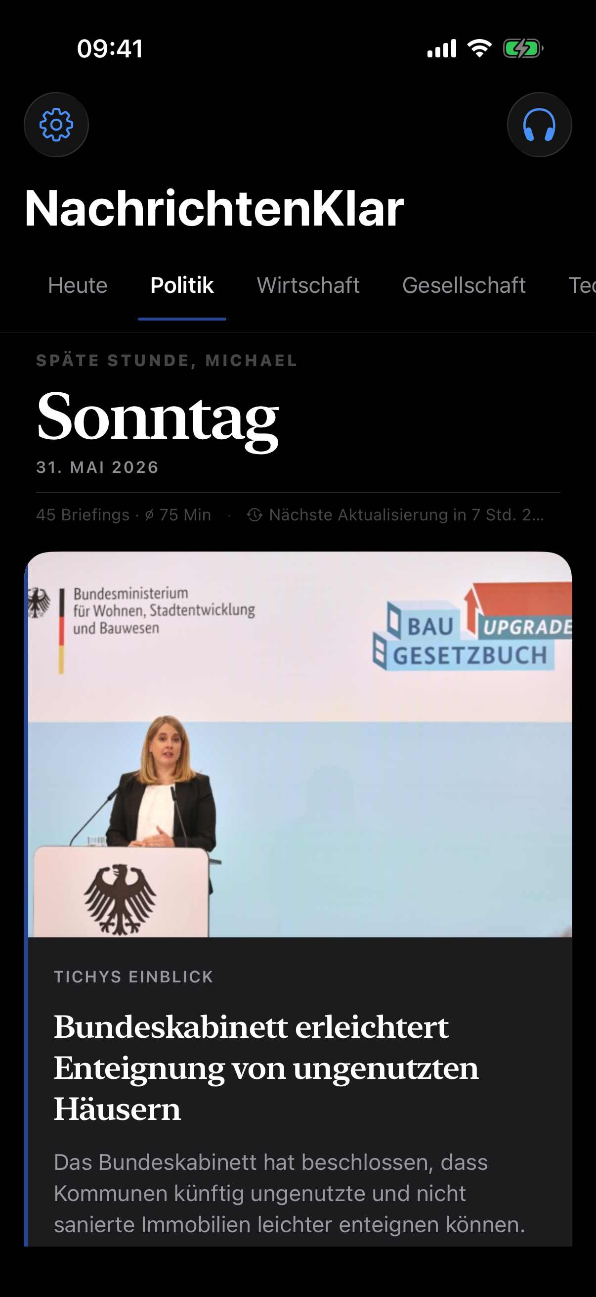 Ressort Politik als ruhiger, übersichtlicher Feed ohne Endlos-Scroll.