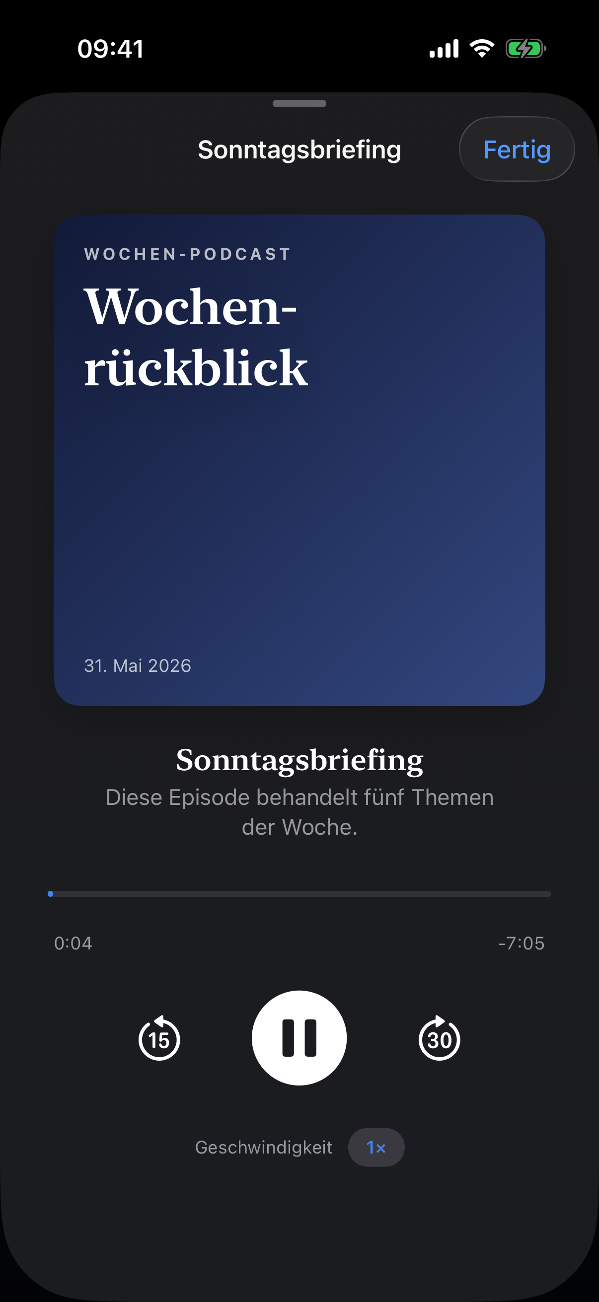 Sonntagsbriefing als Audio: Wochenrückblick-Player mit Wiedergabesteuerung.